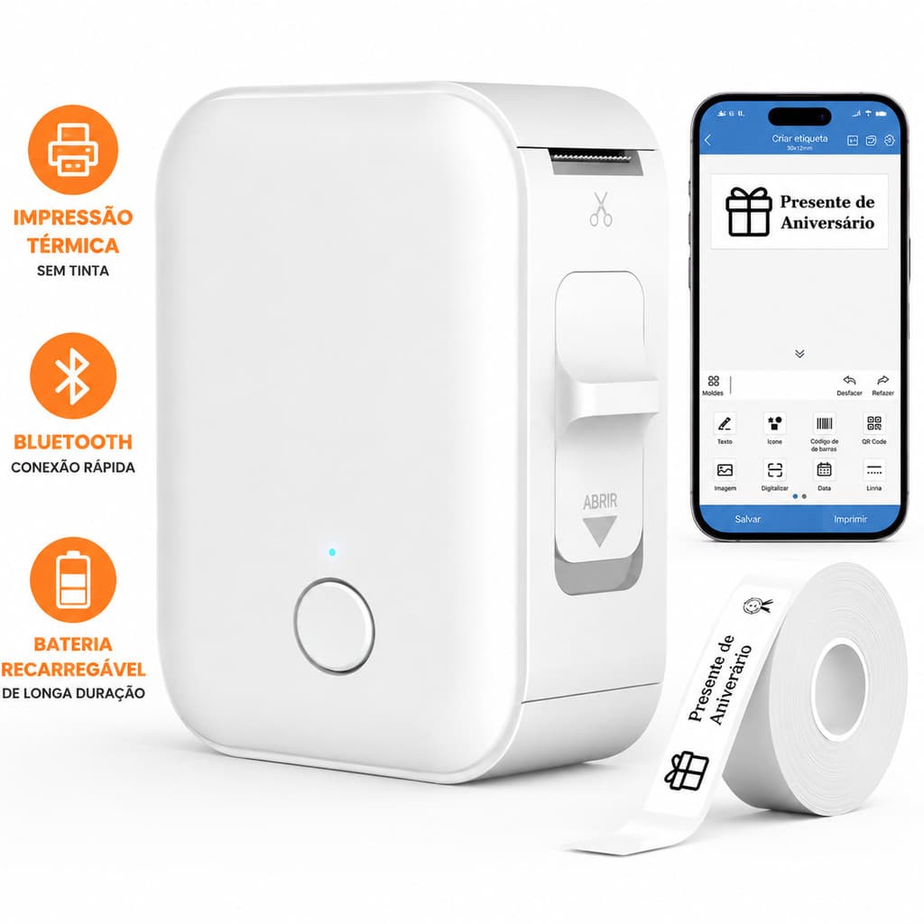 iLabel Impressora de Etiquetas Inteligente Térmica Bluetooth Impressora sem Tinta para iOS Android + 1 Rolo Etiqueta