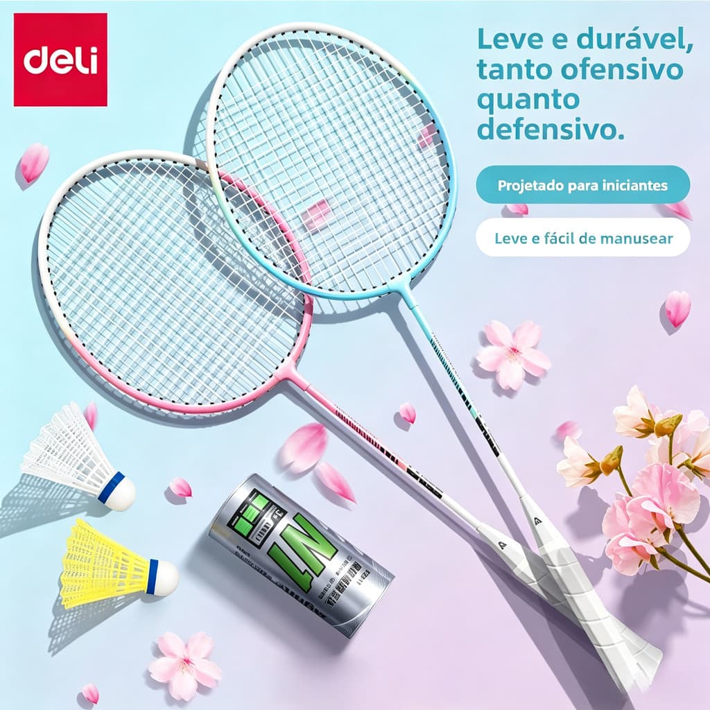 Conjunto raquete badminton Deli FH123 original, alumínio leve, resistente para prática esportiva 🏸