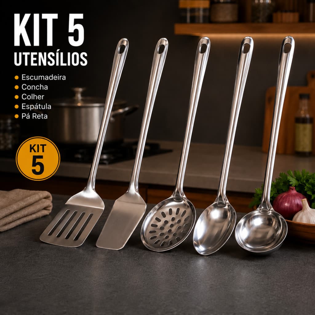 Kit Utensílios de Cozinha 4/5 Peças em Aço Inox Premium – Concha, Escumadeira, Colher, Espátula e Pá Reta
