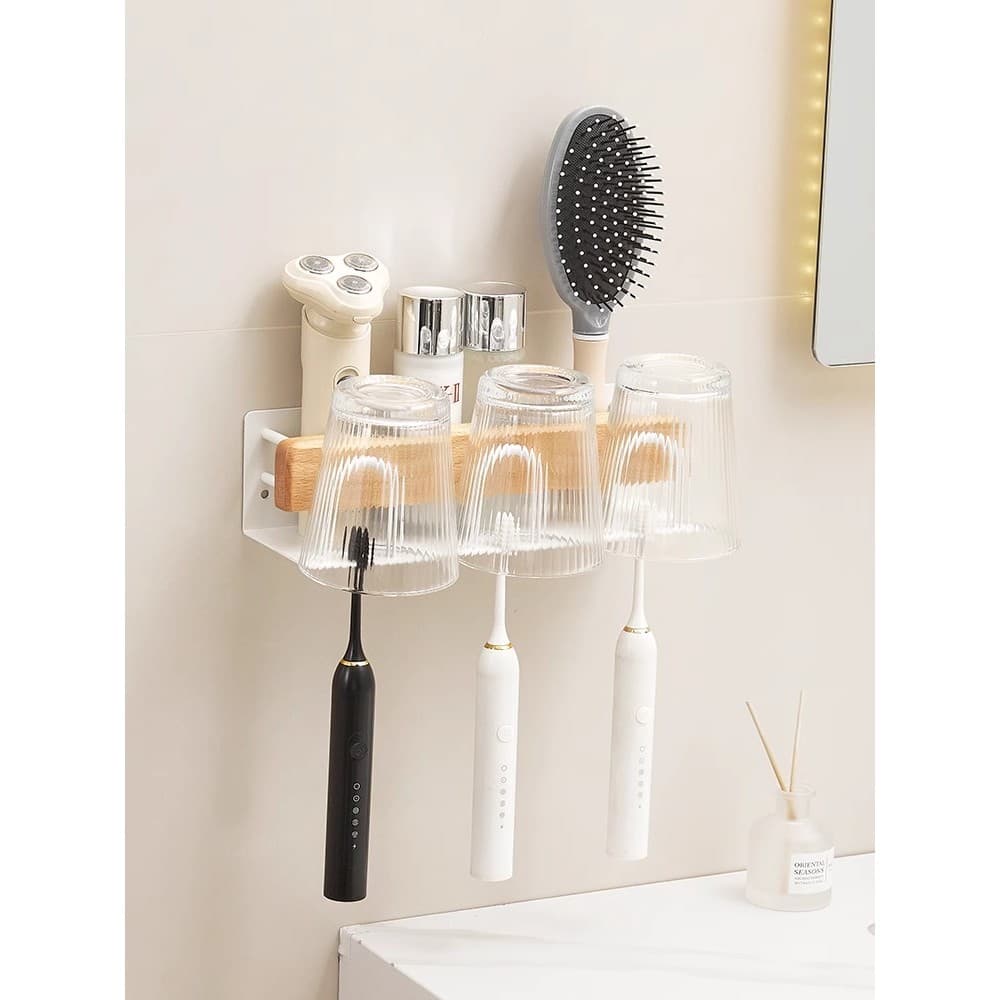 Rack de escova de dentes sem perfuração, lavatório para escova de dentes, copo para enxaguatório bucal, pasta de dente,