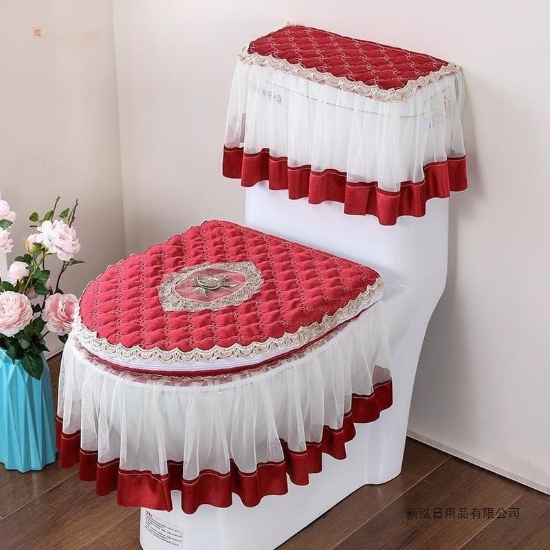 Conjunto De Capa De Assento De Vaso Sanitário 3 Peças , Tecido De Renda , Almofada , Acessórios De Banheiro