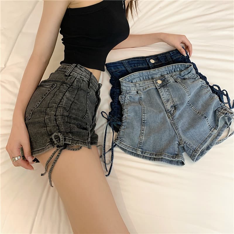 Meninas shorts Denim shorts feminino ins estilo quente meninas cintura alta elástico magro cordão amarrado a linha calça