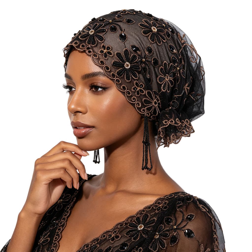 [Estoque pronto] Chapéu de borla com contas à mão, chapéu traseiro, rabo de peixe, boné de cabeça, renda, moda, gaze, le