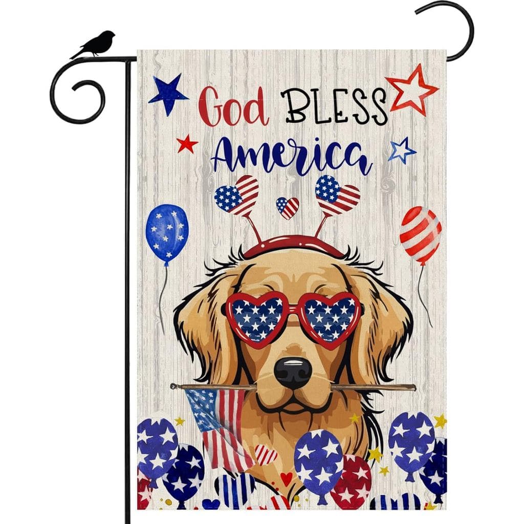 Bandeira de Jardim Patriótica "Deus Abençoe a América" com Cãozinho Fofo, Balões e Estrelas, para o 4 de Julho, Dia da M