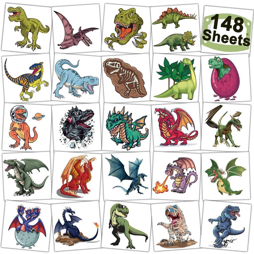 CHARLENT 148 PCS Tatuagens Temporárias de Dinossauro e Dragão para Crianças - Tatuagens de Dragão Individuais para Menin