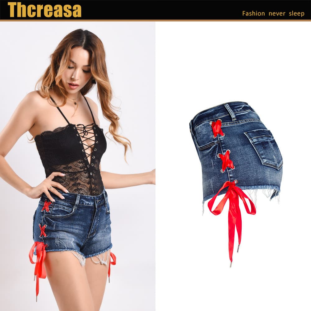 [Novo produto] Jeans femininos jeans de perna larga dupla face com cadarço calças quentes Shorts jeans altos femininos [