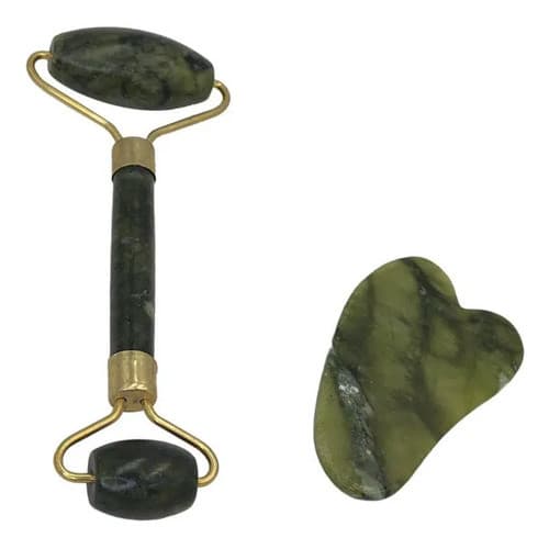 Rolo Pedra De Jade + Placa Gua Sha Massagem Facial Anti Ruga