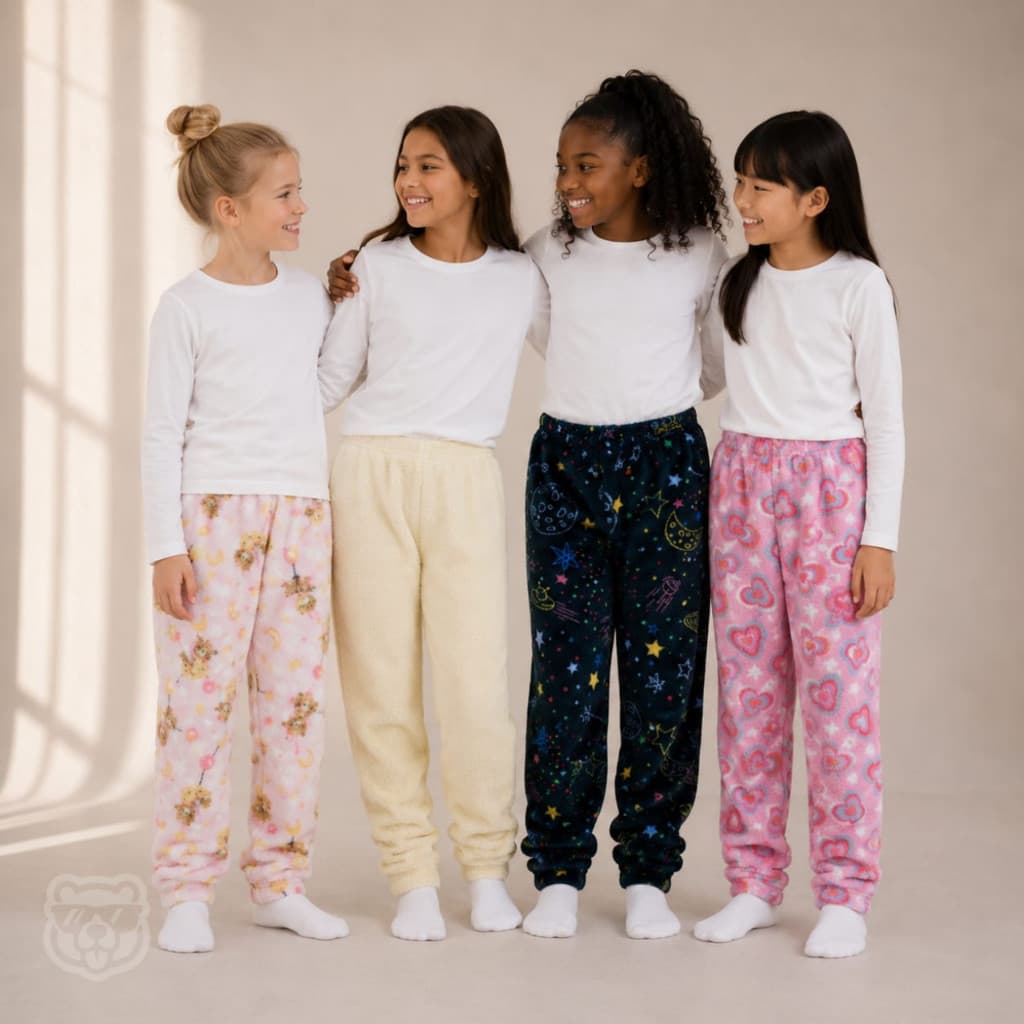 Kit 3 Calças Menina de Pijama Infantil Creche Fleece Peluciada Escolar Frio
