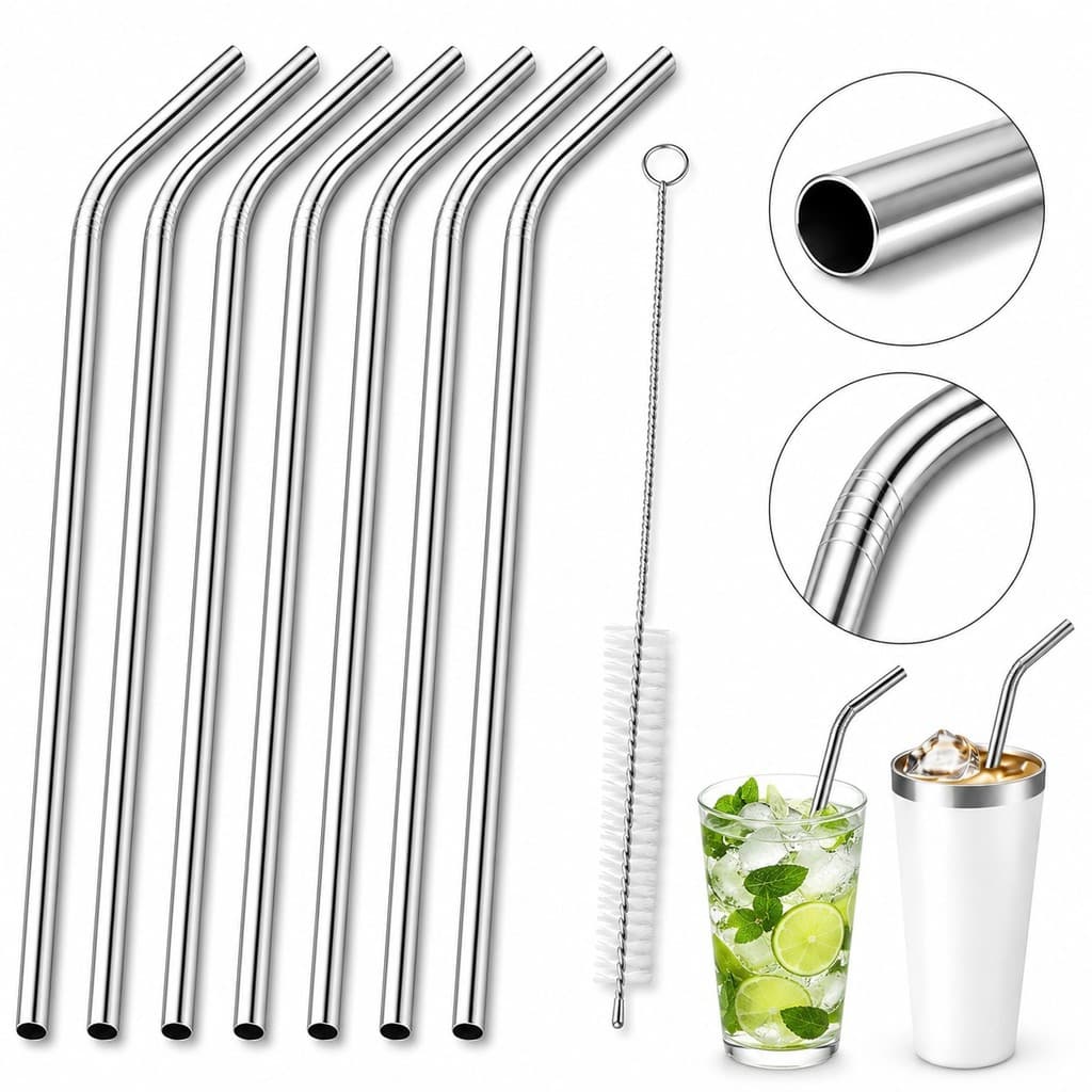 Kit 7 Canudos Inox Reutilizáveis Curvos E Retos Com Escova Para Drink Suco Chimarrão