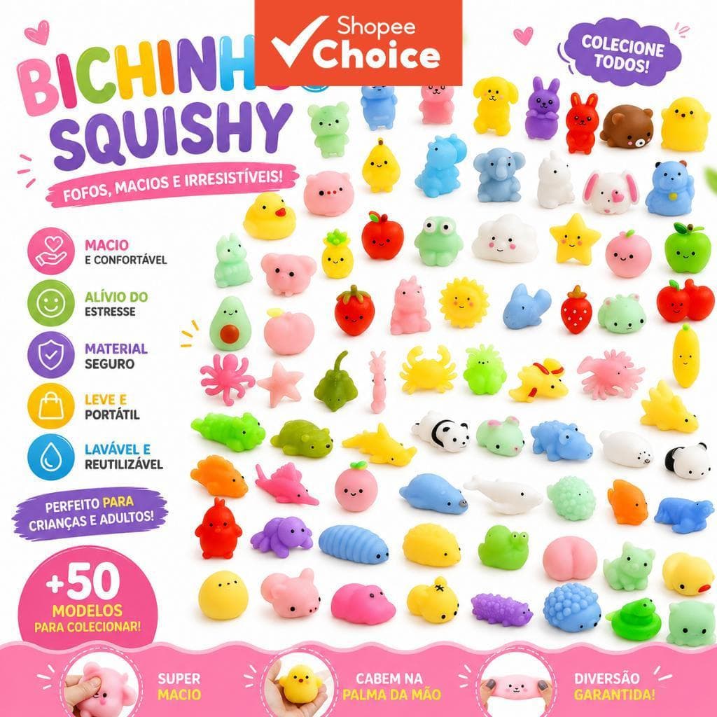 Conjunto de 100 animais mochi macios – resistentes a apertar, ideais para fidgeting e decoração de mesa