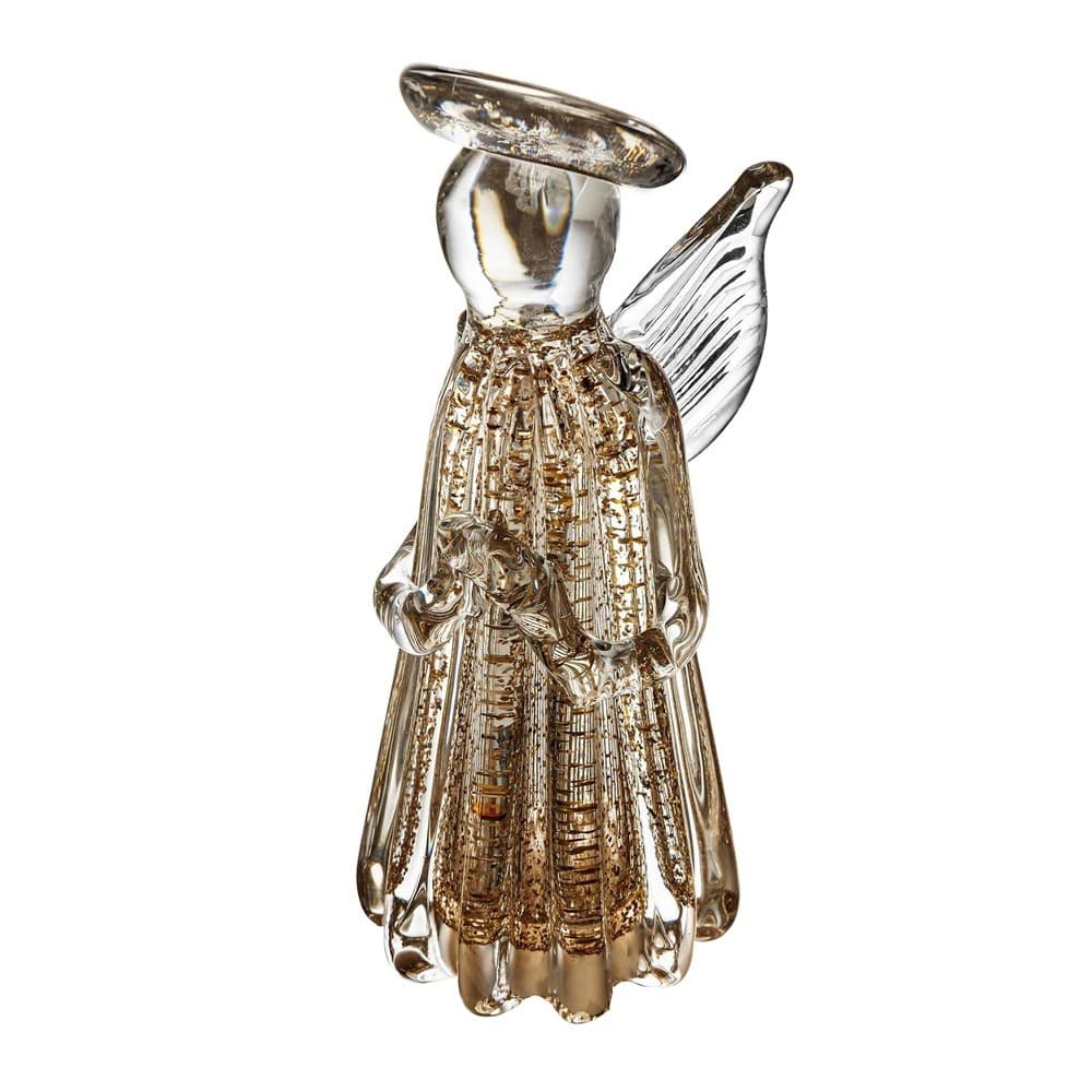 Escultura Decorativa Anjo em Vidro Murano Transparente C/Brilho Dourado 20x9cm Wolff