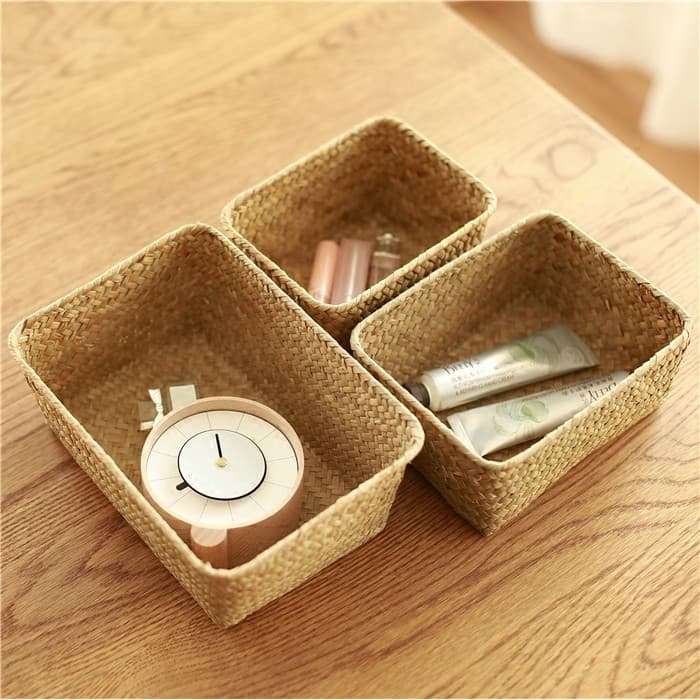 Caixa de armazenamento de algas marinhas Rattan bambu tecido palha Desktop sala estar mesa café Mini cesta armazenamento
