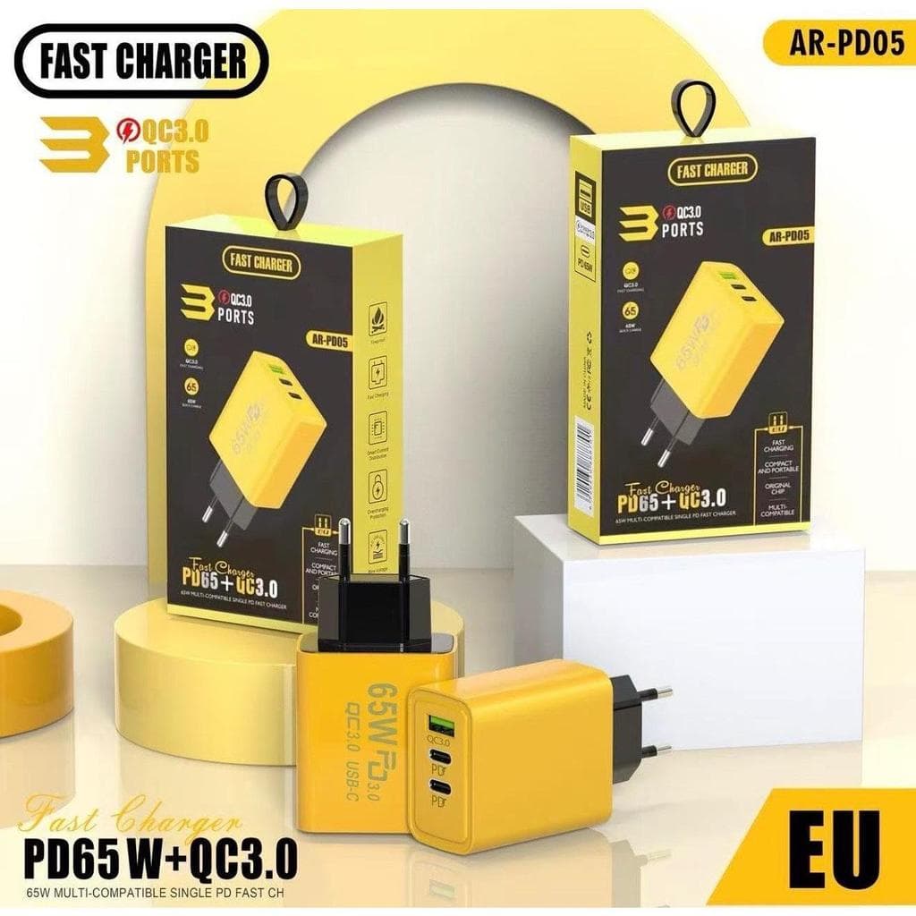 Carregador Para Celular 3 Entradas USB e USB-C Fonte 65w Com Cabo Typec
