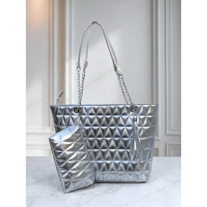 Kit Bolsa Grande Feminina e Necessarie+ Espelho Ombro Moda Fashion Trabalhada Bordada Metalassê Dia a Dia