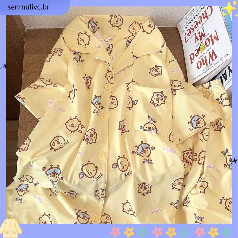 Loja venda quente verão cremoso pintinho impresso ins Cardigan pijamas femininos Shorts de manga curta pode usar fora do