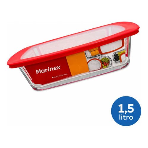 Forma Assadeira Pão Bolo Marinex Pratica 1,5l Vidro C Tampa Vermelho Tigela