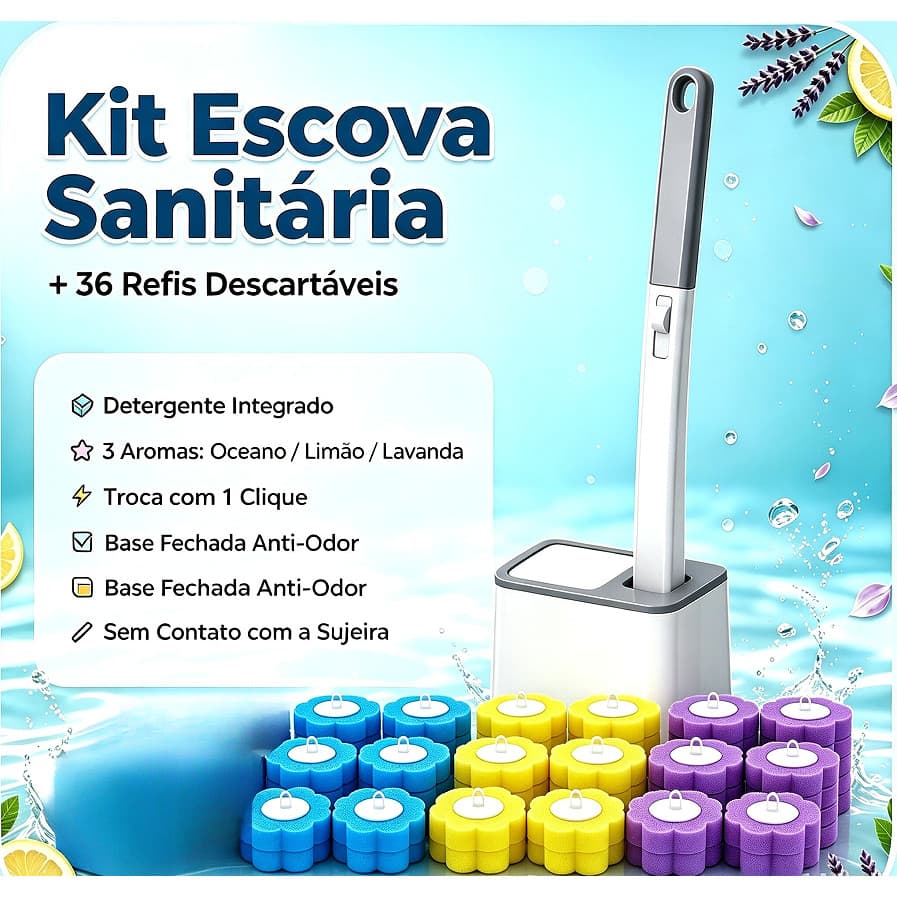 Kit Escova Sanitária Descartável +36 Refis, Detergente Integrado 3 Aromas. Troca com 1 clique, sem contato com sujeira,