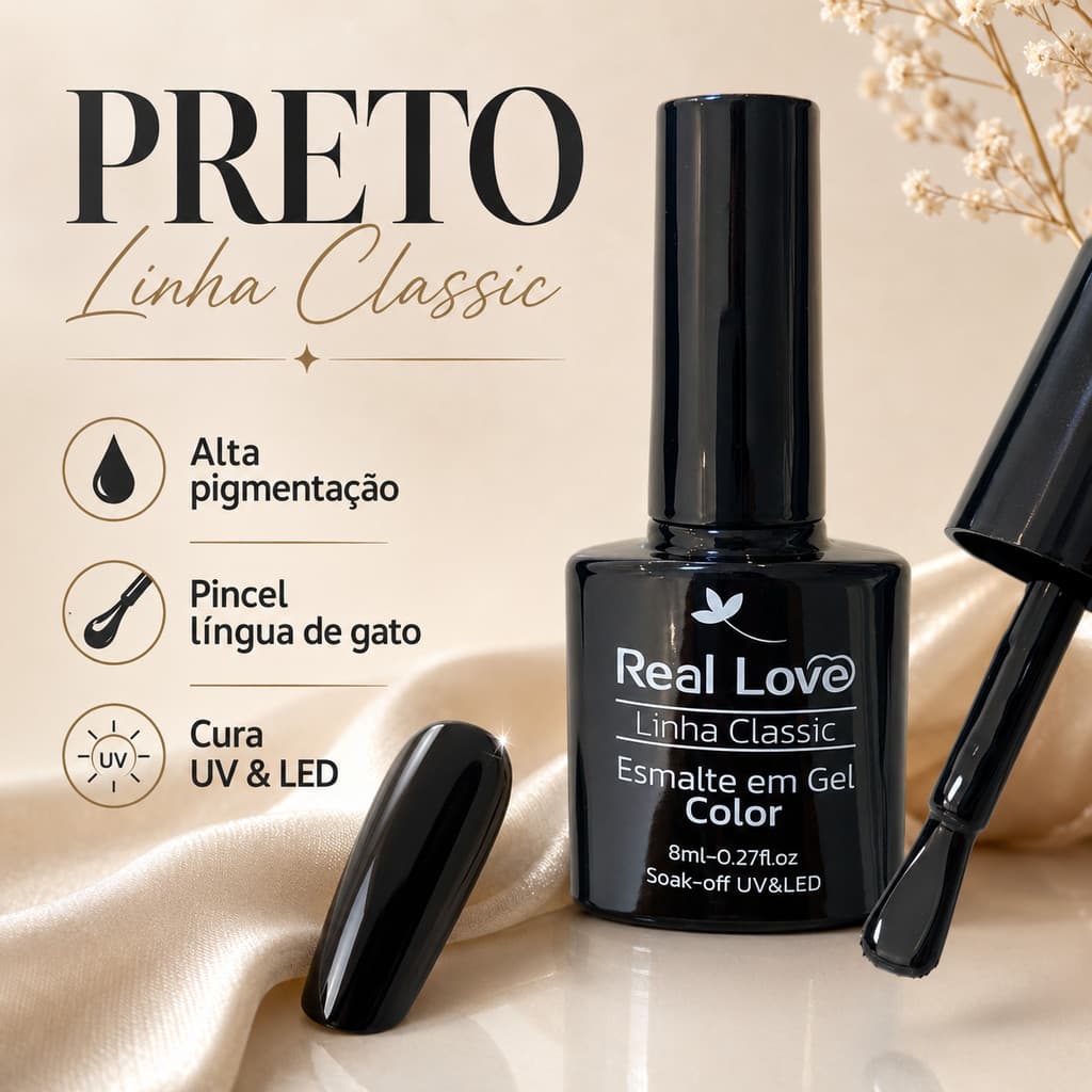 Esmalte Real Love 051 Preto Linha Classic 8ml Unhas Gel