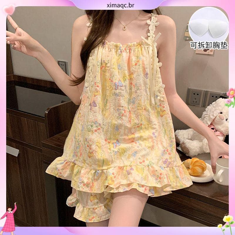 Verão de alta qualidade Suspender Shorts borboleta coelho fino estilo doce pijamas com almofadas no peito feminino unifo