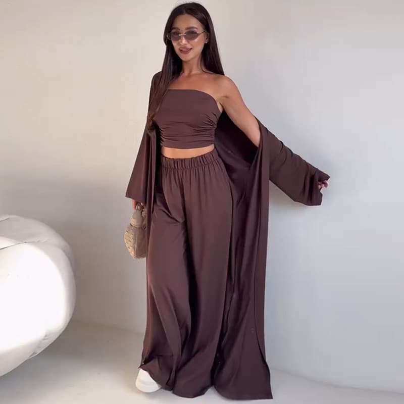 Loungewear Feminino Conjunto De Três Peças Casual Sem Mangas Tubo Top Cardigã Longo E Calças Largas Roupas De Dormir Mac