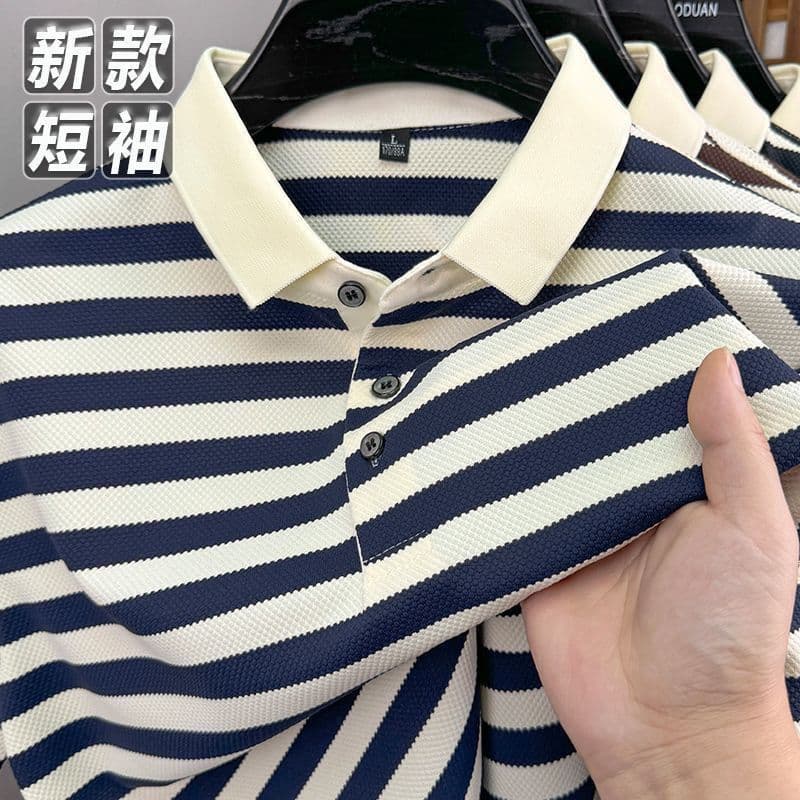 Verão novo estilo masculino listrado camisa polo negócios Casual solto camisa polo listrado masculino de manga curta lap