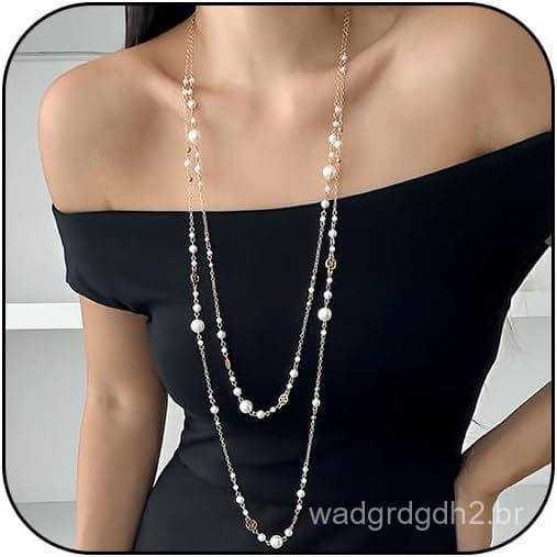 Colares Longos de Pérolas para Mulheres, Colar em Camadas com Pérolas Falsas e Douradas, Colar Delicado de Moda, Estilo