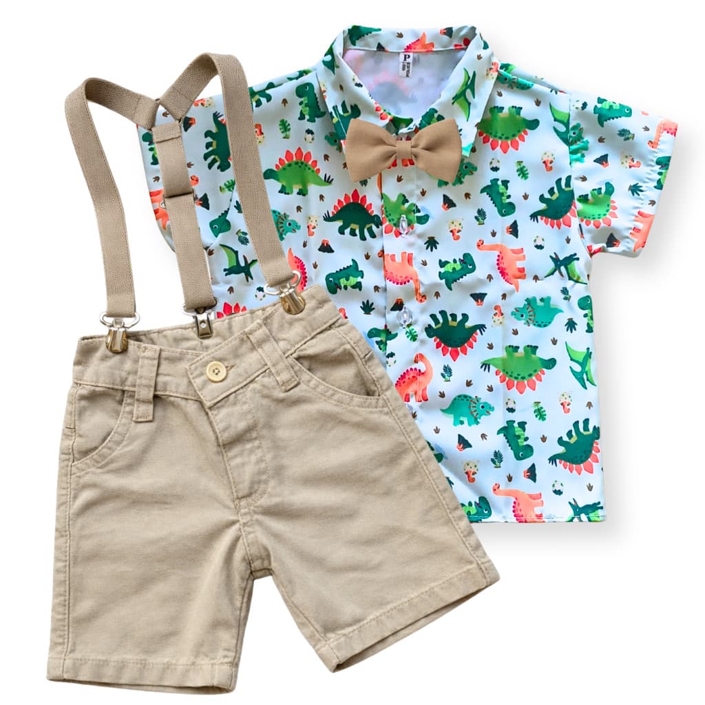 Conjunto Dinossauro Dino Baby Infantil Look Festa, Aniversário e Mesversário Roupa Temática Menino com Suspensório