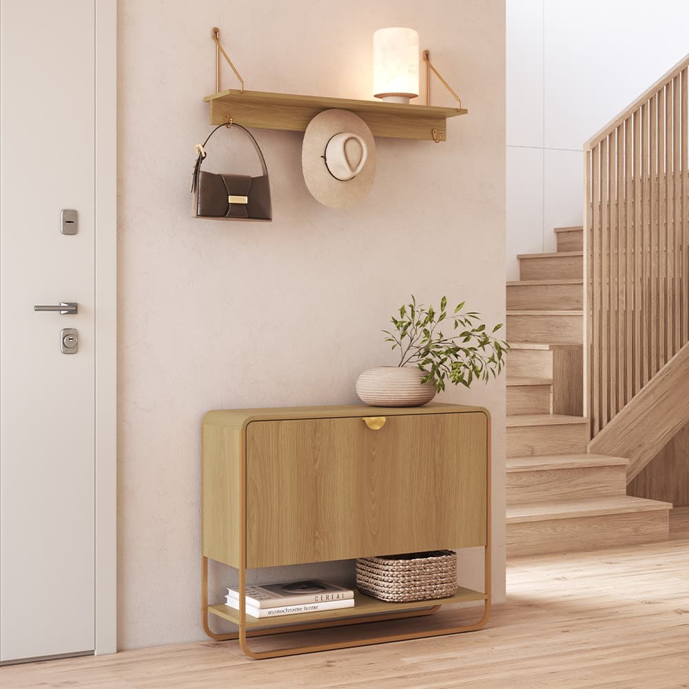 Sapateira Vertical Para Hall de Entrada e Prateleira Decorativa Industrial Alek A03 Hanover Dourado - Lyam Decor