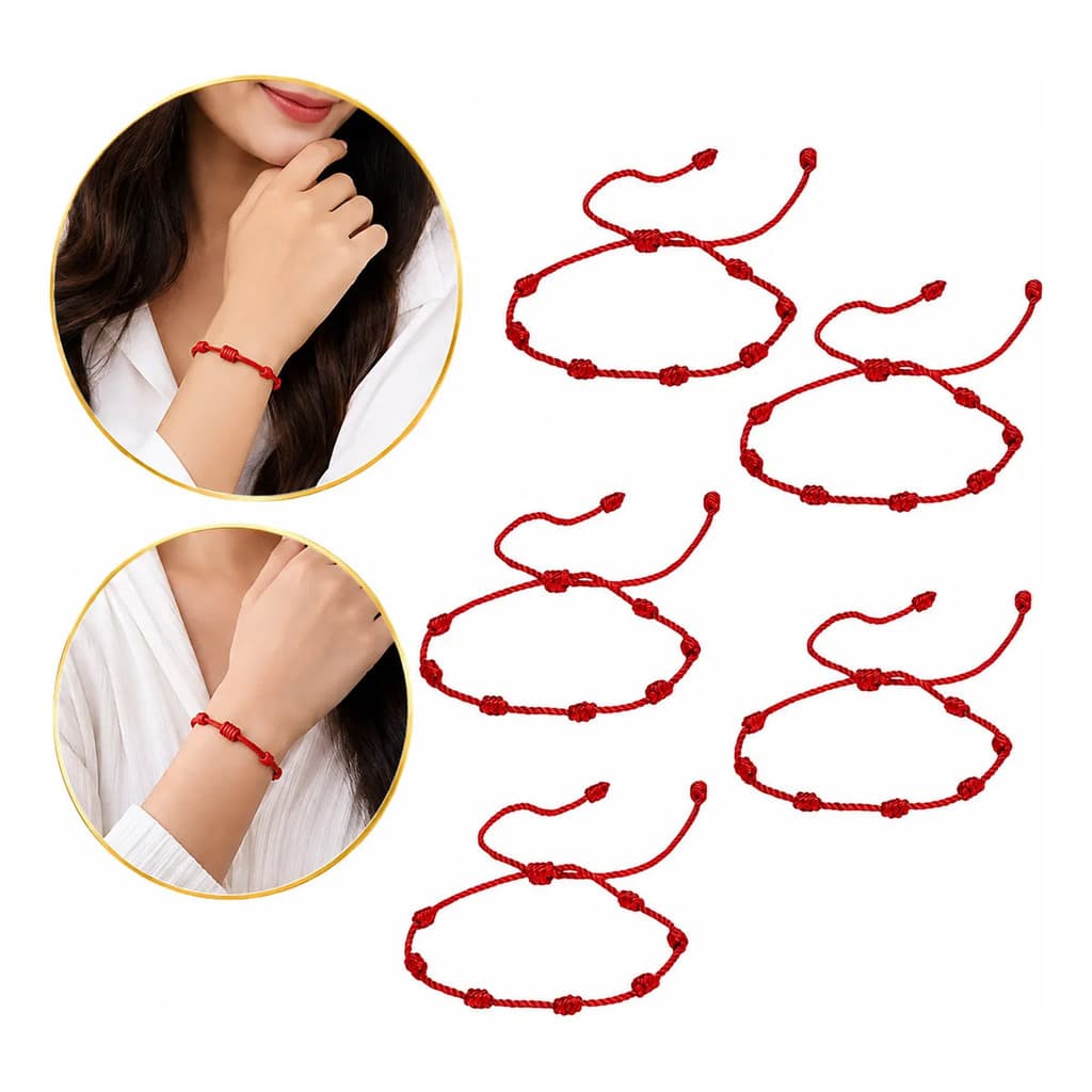 Kit 5 Pulseiras Vermelha Sete Nós Kabbalah Proteção contra o Mal