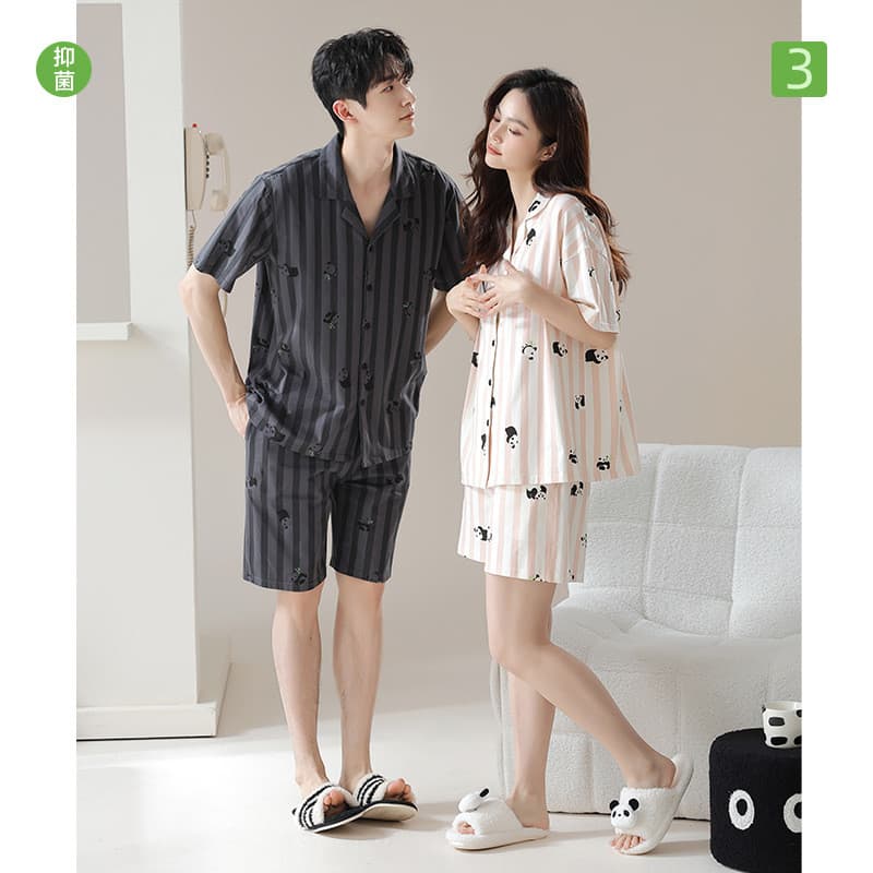 [Algodão Xinjiang antibacteriano] primavera verão puro algodão manga curta casal pijamas senhoras Panda fino masculino H