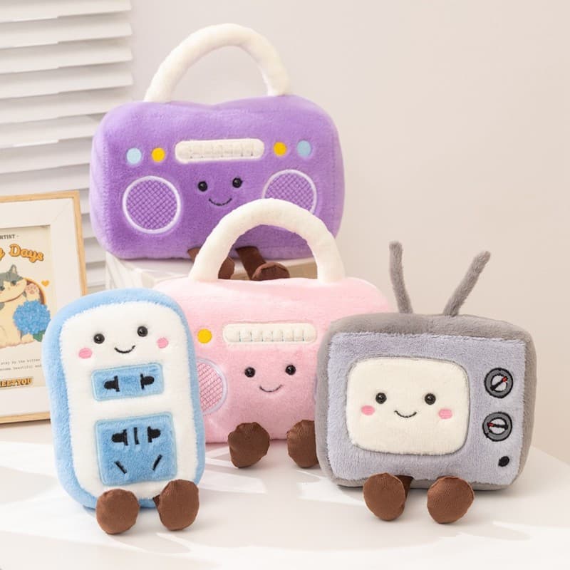 Cute Retro Electronic Plush Toy Set, Soft TV/Radio/Power Strip Stuffed Dolls, Kawaii Room Decor & Keychain, Creative Gif