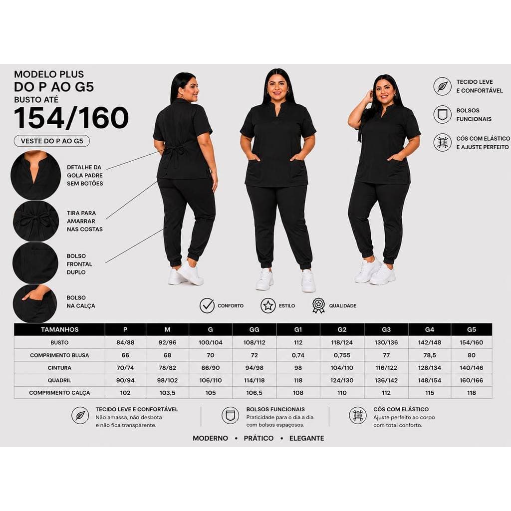 Scrub Feminino Gola Padre Preto Plus Size Pijama Cirúrgico P ao G5