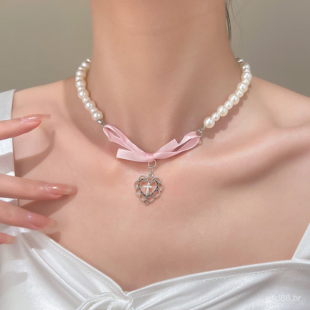 Colar romântico de pérolas artificiais em estilo francês, adequado para meninas, acessório de colar com laço em forma de