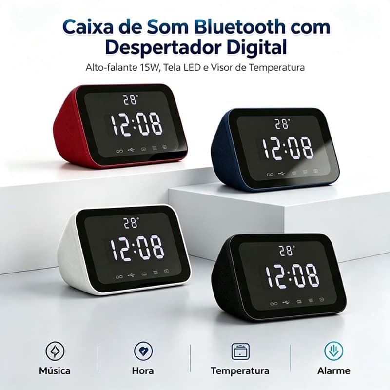 Caixa de Som Bluetooth 15W com Relógio LED, Despertador e Entrada USB, Som Claro  voltikk