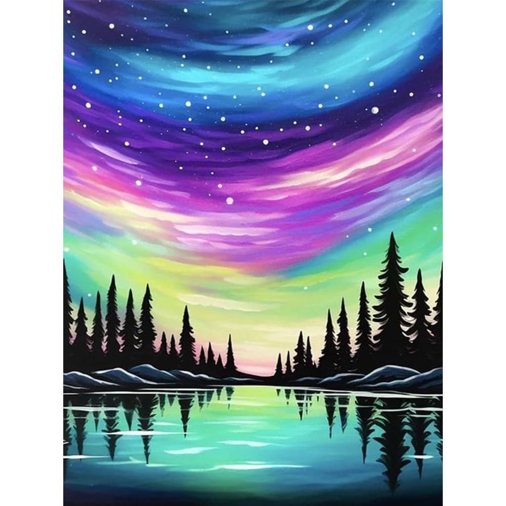 NWQZBYHT Kits de Arte com Diamantes Aurora Lake para Adultos, Kits de Pintura com Diamantes 5D Céu Estrelado com Árvore