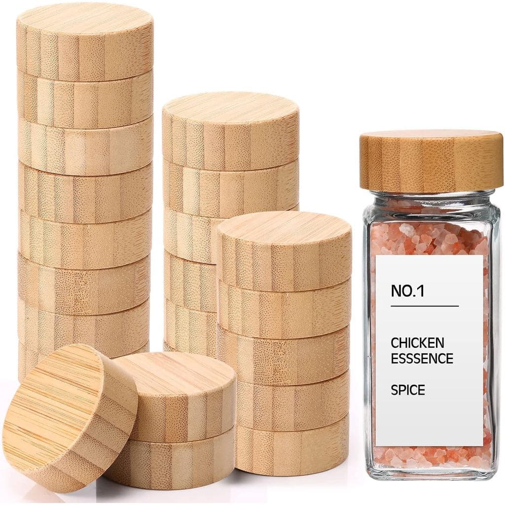 28 Tampas de Bambu para Potes, Tampas Herméticas para Potes de Especiarias, Compatíveis com Potes Quadrados de 4 oz e 8