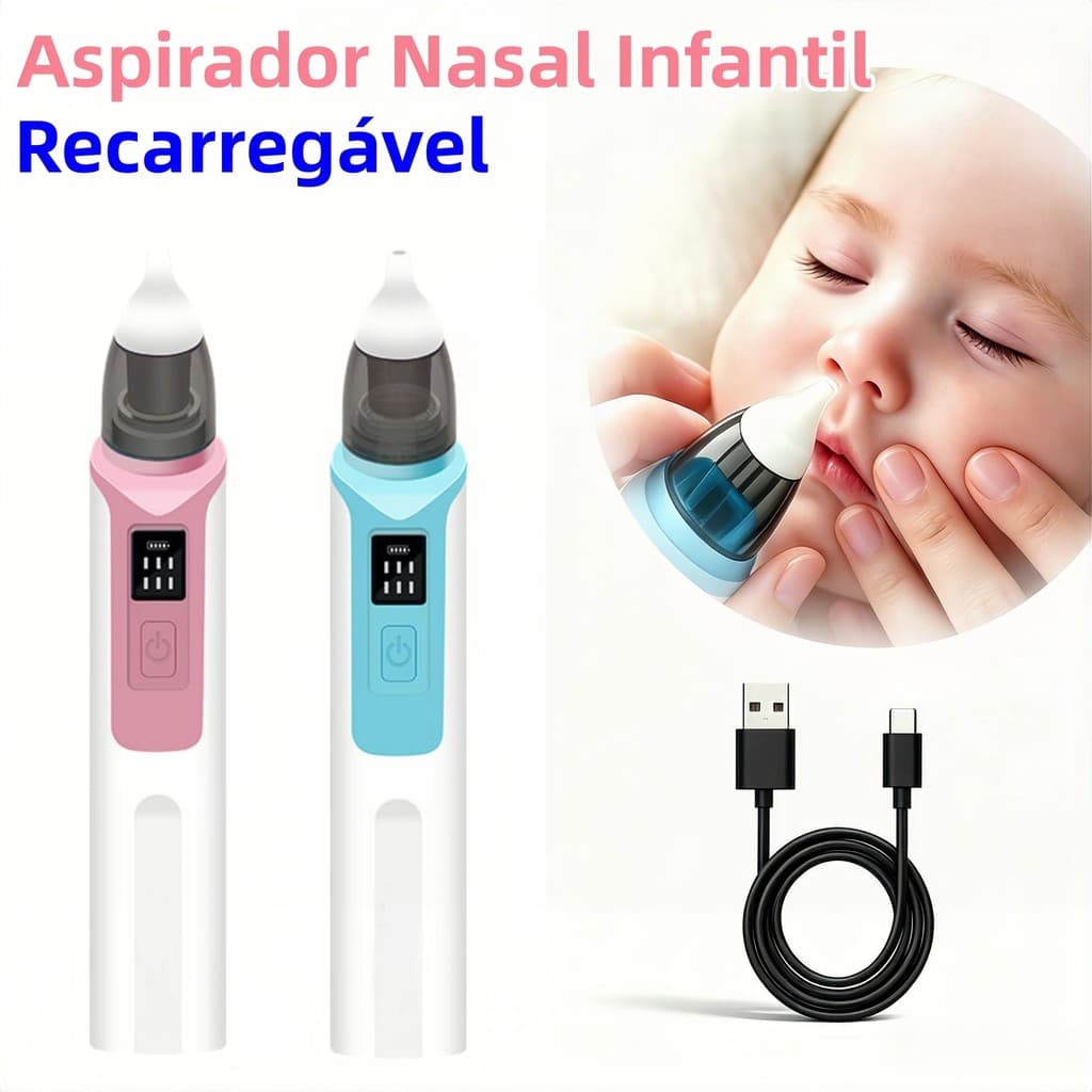Aspirador Nasal Bebê Recarregável Silicone Macio Limpeza Nasal Infantil Portátil USB