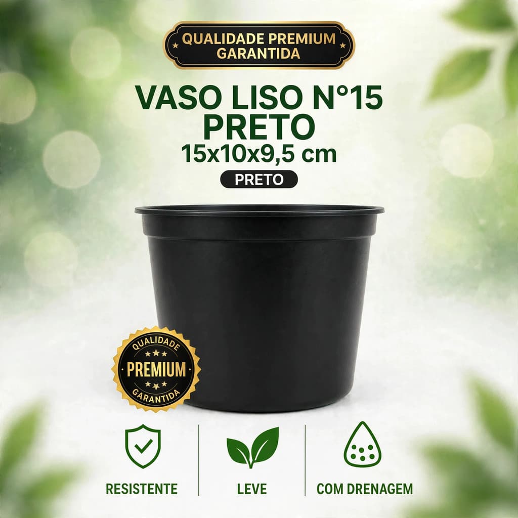 Vaso Plástico Preto Nº 15 para Plantas Mudas Flores Suculentas 1 Litro com Furos para Drenagem