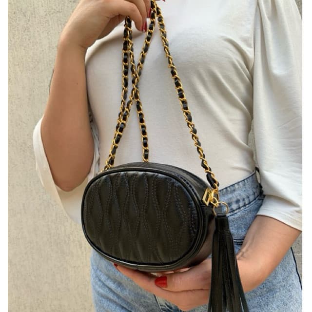 Bolsa Feminina Bordada Transversal Pequena Couro Sintético Com Chaveiro Tassel E Alça Manual Premium
