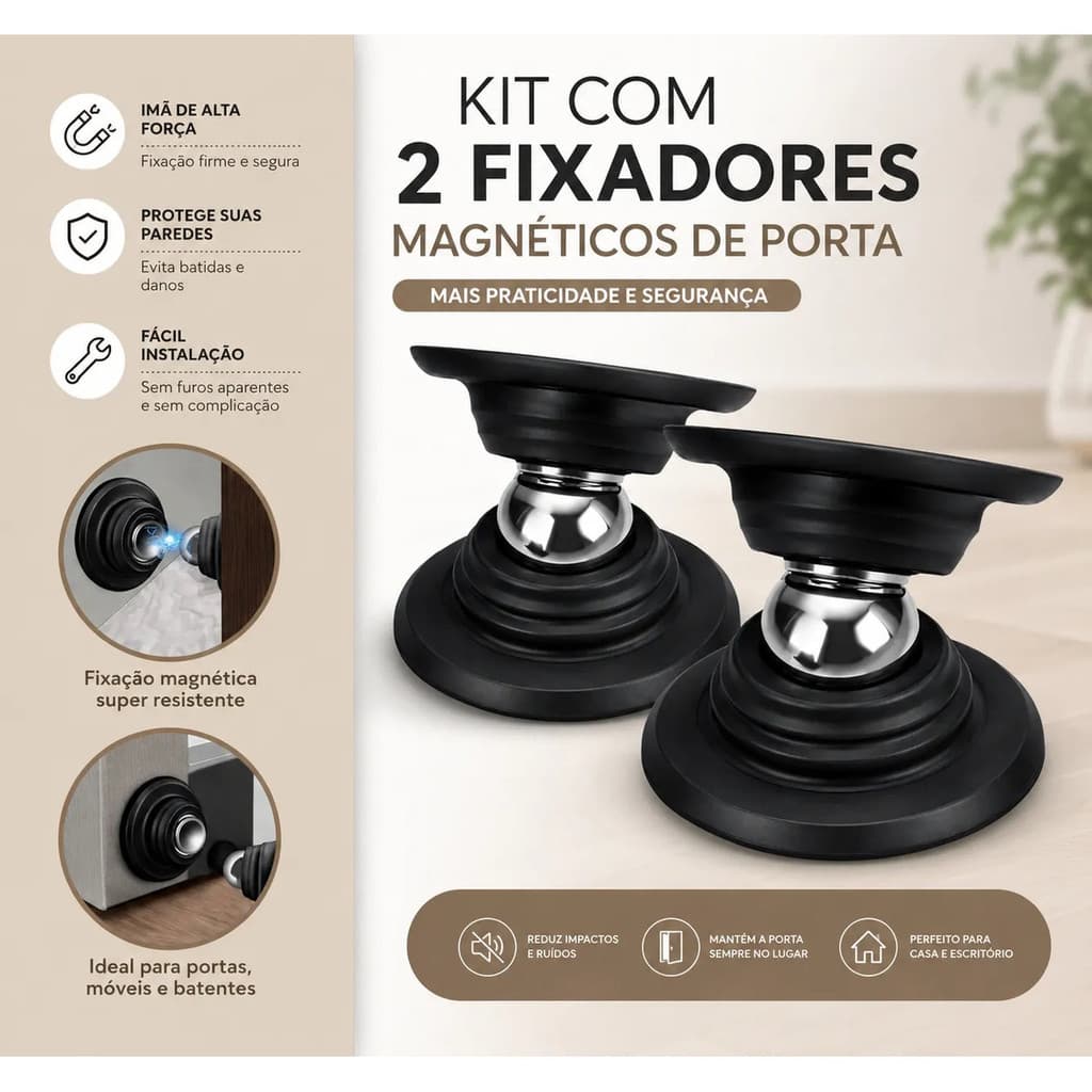 Fixador De Porta Magnético Kit 2 Unidades Adesivo Preto