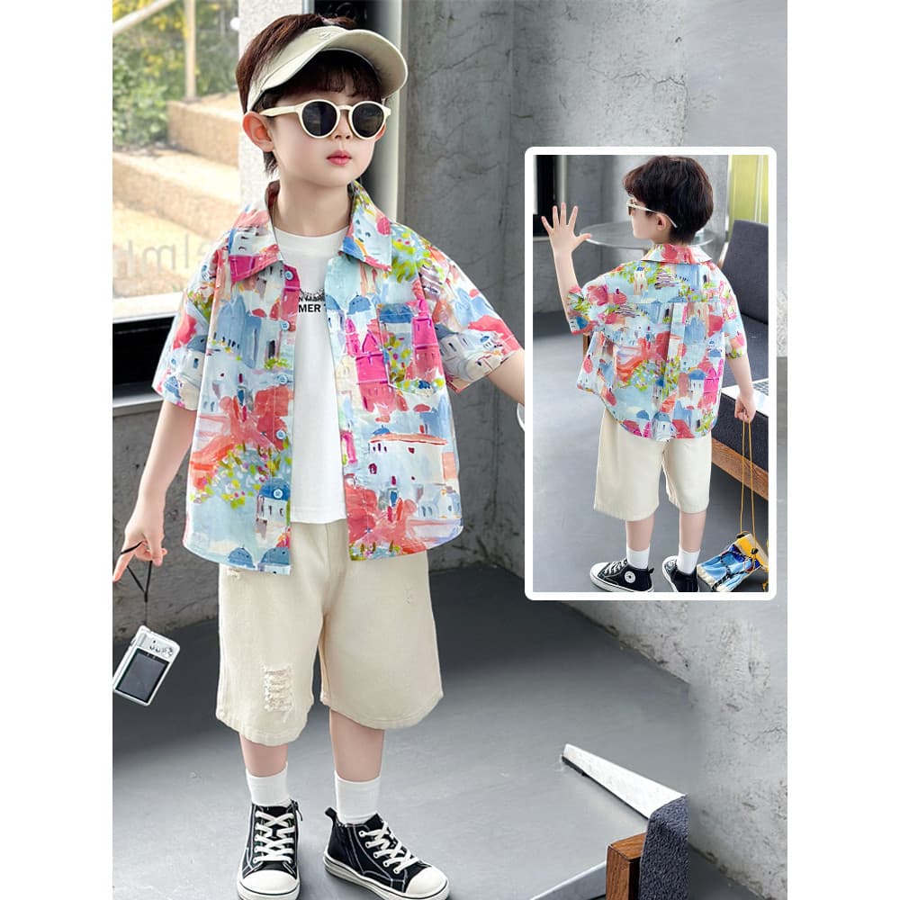 Roupas infantis terno para meninos camisa de manga curta roupas de verão 2026 novo estilo camisa de menino grande terno