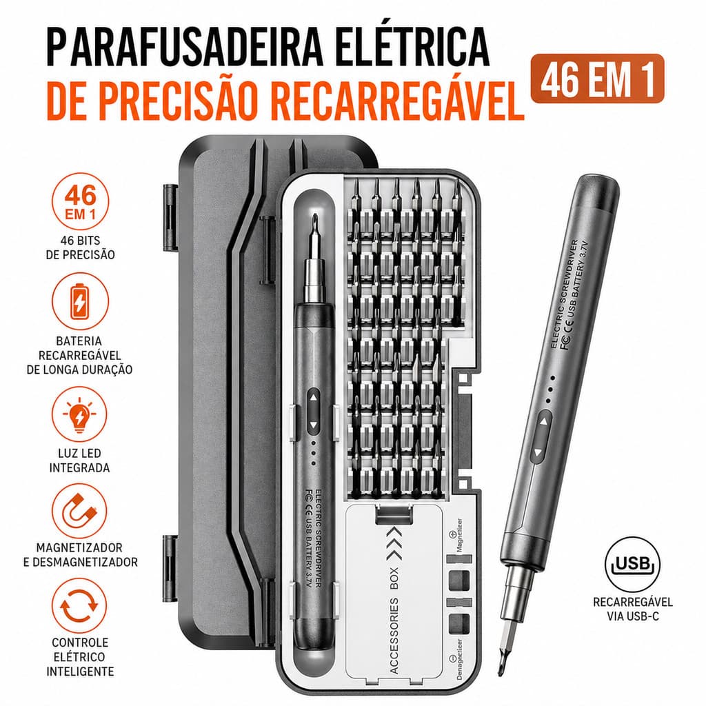 Parafusadeira Elétrica Precisão Recarregável 46 em 1 Kit Chave Fenda Ferramenta Elétrica Acessório DIY