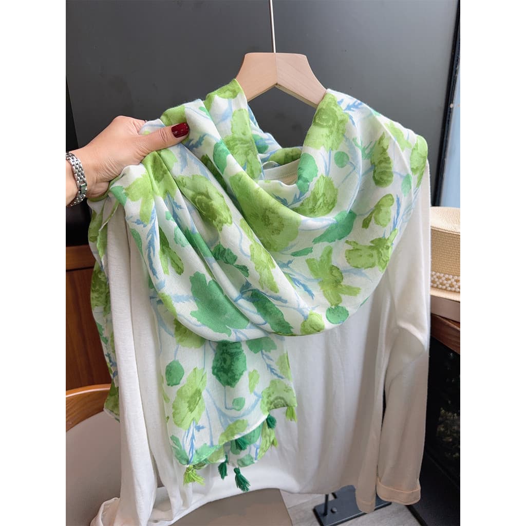 Estilo Pastoral fresco flor verde lenço de seda feminino verão beira-mar viagem praia toalha protetor solar xale fino al