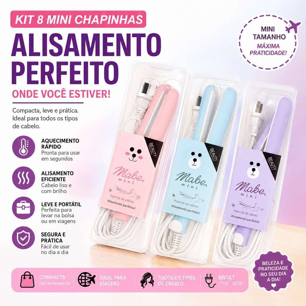 Kit 8 Mini Chapinha Prancha De Cabelo Portátil Com Case Transporte Bivolt Estojo Entrega