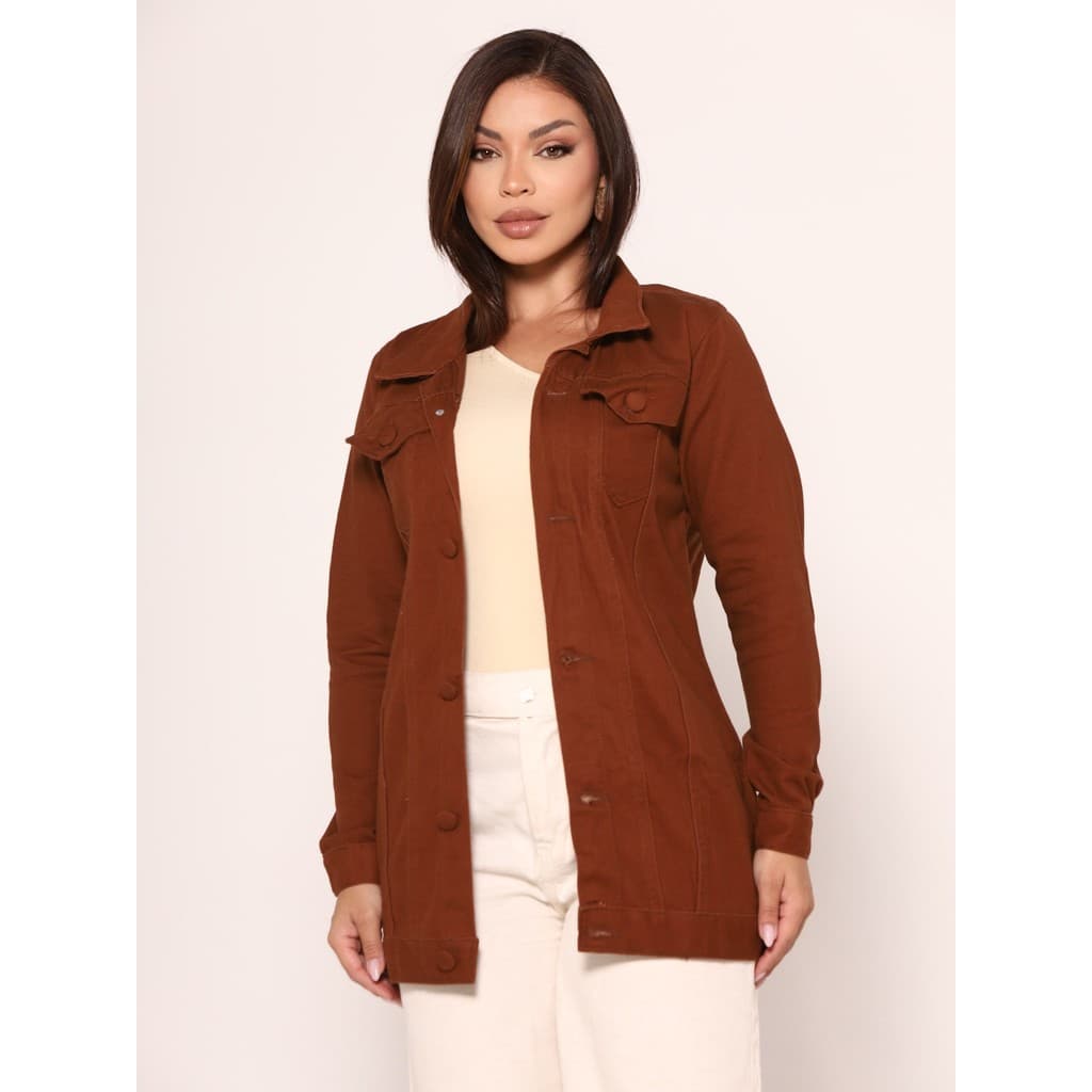 Jaqueta Jeans Longa Feminina Marrom Terracota | Estilo Retrô Outono
