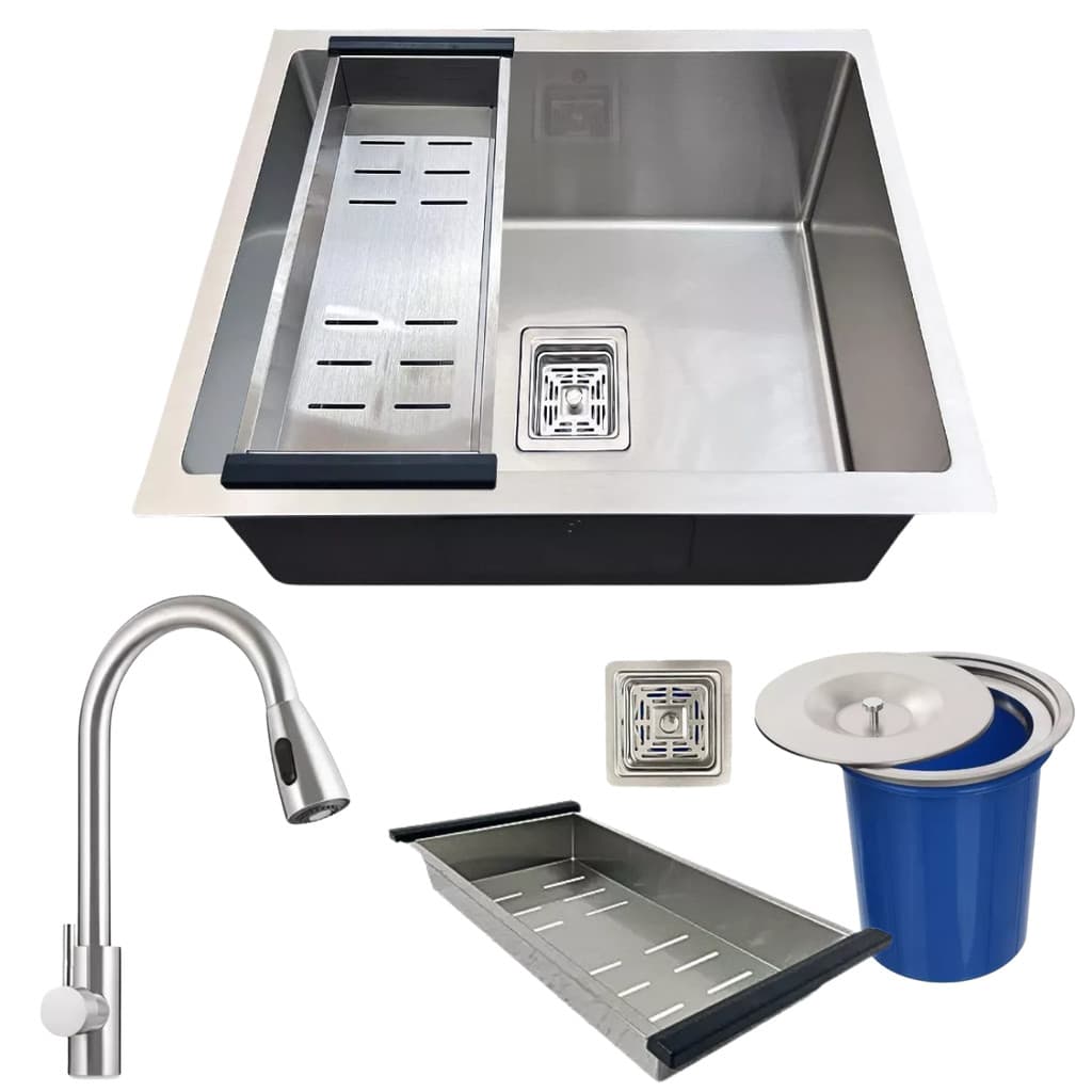 CUBA 44X44CM INOX 304 LIXEIRA DE EMBUTIR E TORNEIRA ESCOVADA