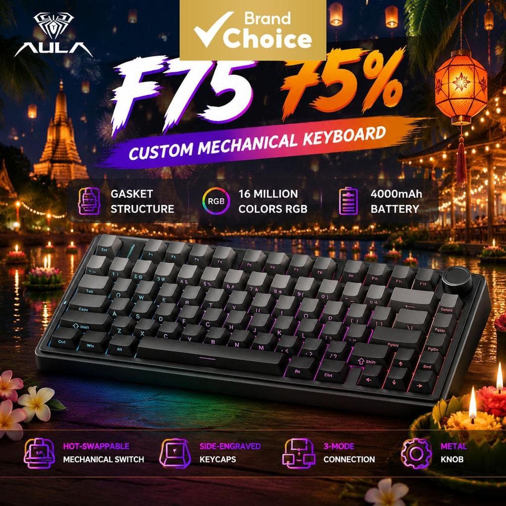 Teclado Mecânico AULA F75 RGB com Interruptor Substituível a Quente, Teclado Gamer com Layout 75%, Design Compacto e Sem