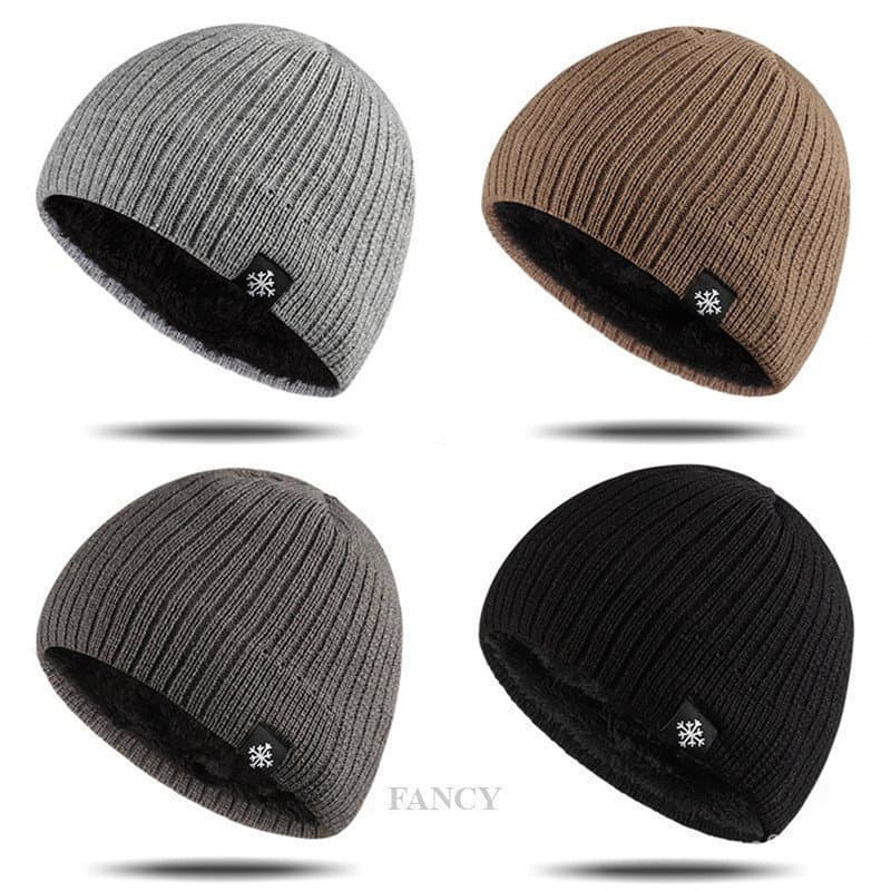 Gorro Masculino De Malha Plus Fleece Chapéu Skullies De Cor Sólida Com Boné De Esqui Grosso Para Neve Ao Ar Livre