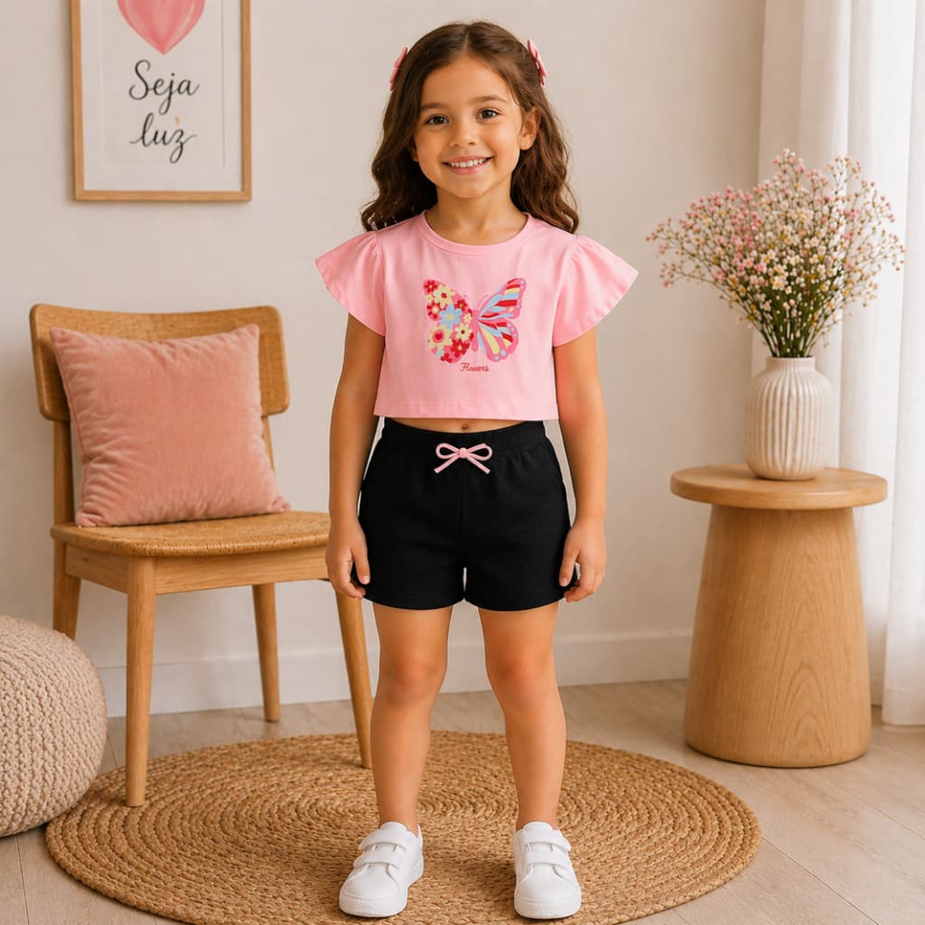 Conjunto Infantil Menina Blusa Manga Borboleta em Malha Com Estampa e Bermuda em Moletinho com Cadarço Fake