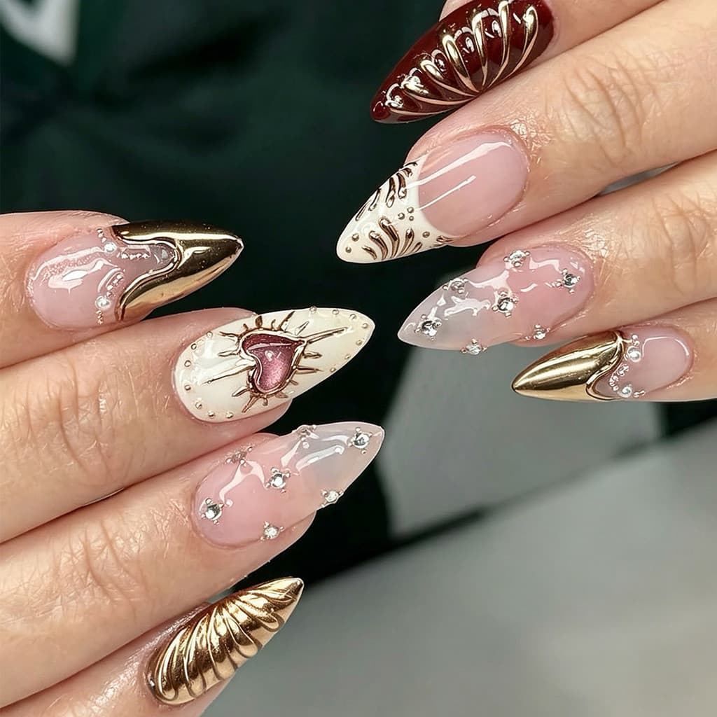 Estilo boêmio usando unhas 3D tridimensional unhas falsas Manicure curtas amêndoa peças de unhas produto acabado